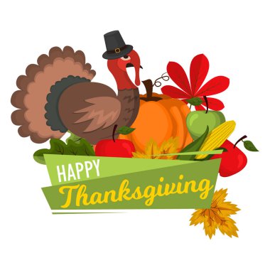 Mutlu Şükran günü kutlama tasarım karikatür sonbaharda hasat sezon tatil afiş vektör çizim tebrik.