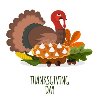 Mutlu Şükran günü kutlama tasarım karikatür sonbaharda hasat sezon tatil afiş vektör çizim tebrik.