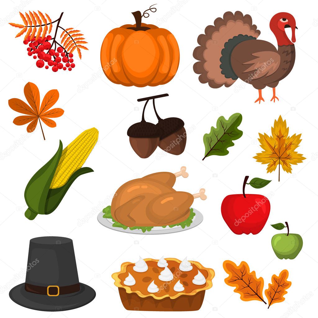 Happy Thanksgiving Celebration Design cartoon autumn greeting harvest season holiday icons vector illustration.