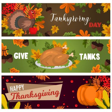 Şükran günün kutlu olsun kartları kutlama afiş tasarım karikatür sonbaharda hasat sezon tatil broşür vektör çizim tebrik