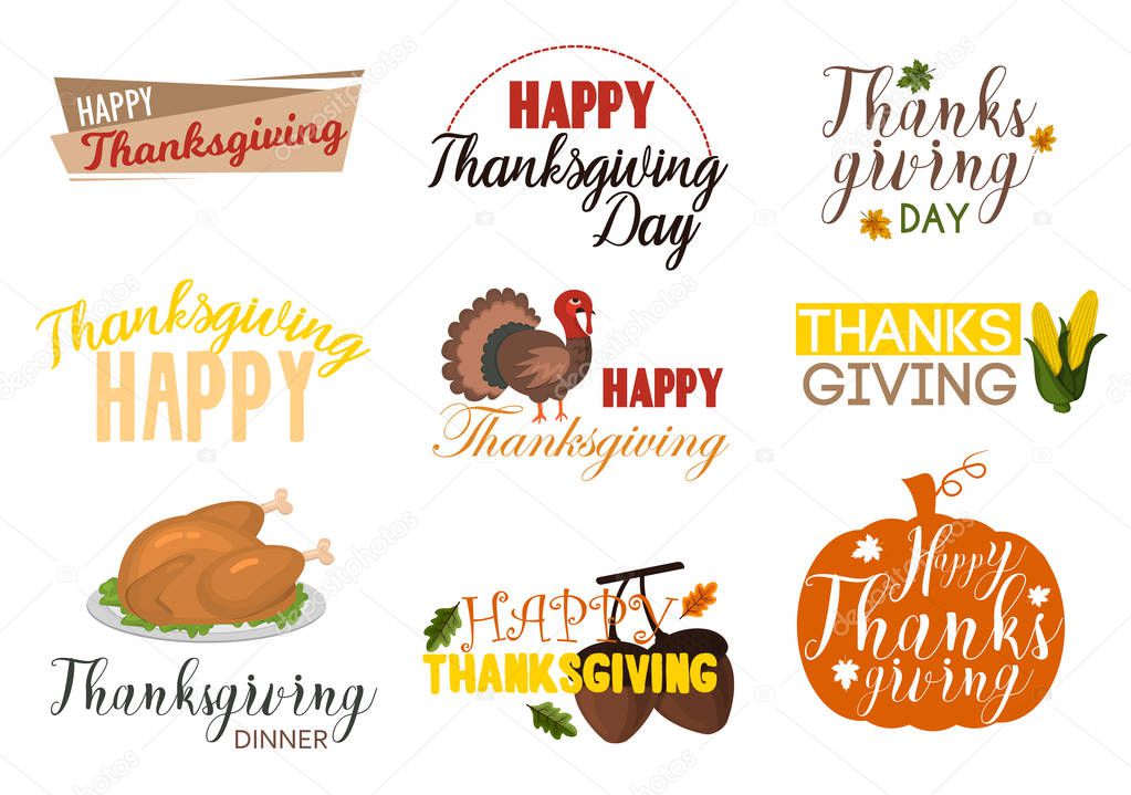 Typographic Thanksgiving logo design set holiday autumn season traditional typography badge vector illustration. Happy thanksgiving seasonal harvest food label.
