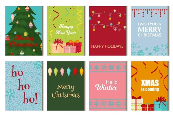Karácsonyi plakátok beállítása téli kártya xmas nyaralás újév ünnepe ünnepi képeslap fél vektor illusztráció. — Stock Vector