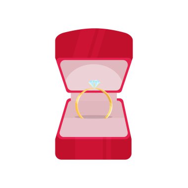 Alyans Pırlanta aşk evlilik kutlama takı kırmızı kutu içinde evlenmek altın sembolü mücevher vektör çizim.