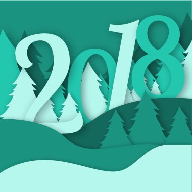 2018 neşeli Noel tebrik kartı vektör origami orman kış xmas çam ağacı kar kağıt sanat karlı zanaat stil papercut illüstrasyon yaptı..