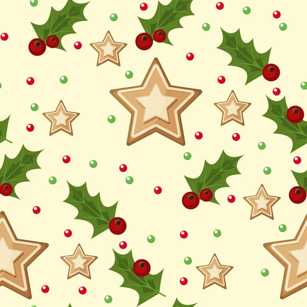 Patrón sin costuras de Navidad con ramas de abeto bayas de acebo y estrellas vector ilustración vacaciones de invierno papel de regalo de Navidad . — Vector de stock