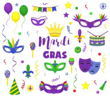 Mardi Gras karnaval parti vektör maskeli balo kutlama Festivali simgeleri düz stil tatil mor toplama tasarım. Venedik mardi gras maskesi tüyler boncuk, joker, fleur de lis parti süsleri.