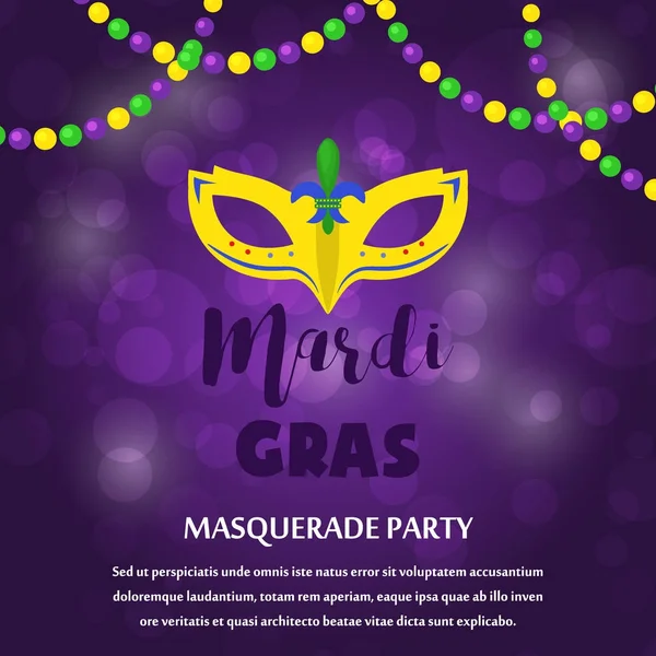 Mardi Gras carnival party vector background masquerade celebration festival poster design holiday purple brochure. Venetian mardi gras mask with feathers beads, joker, fleur de lis party decorations.