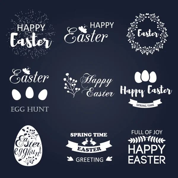 Logotipo de Pascua vector primavera deseos superposiciones, etiquetas de letras retro feliz Navidad insignias. emblema dibujado a mano con cinta de huevo . — Vector de stock