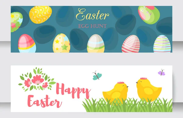 Tarjetas de Pascua vector personajes de dibujos animados y diseño de banner de invitación decoración de vacaciones celebración de primavera símbolos de saludo tradicionales — Vector de stock
