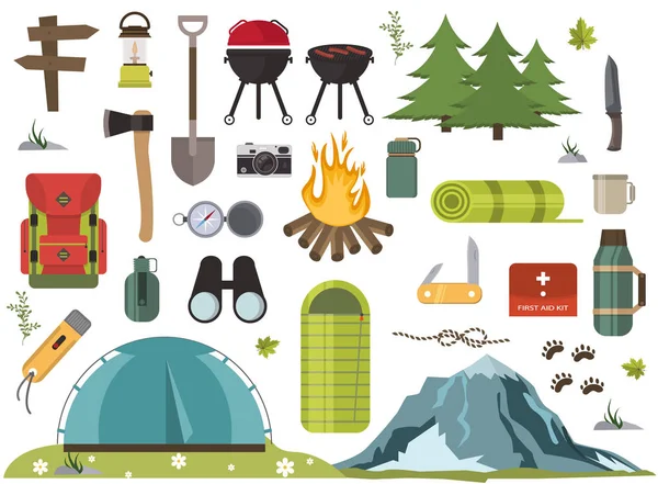 Equipo de camping senderismo vector campamento base fuego equipo y accesorios ilustración . — Archivo Imágenes Vectoriales