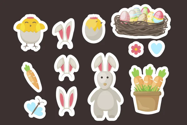 Stickers de Pâques étiquettes cadeaux étiquettes vectorielles avec des personnages de dessins animés mignons salutations de printemps avec lapin, poulets, oeufs et fleurs illustration — Image vectorielle