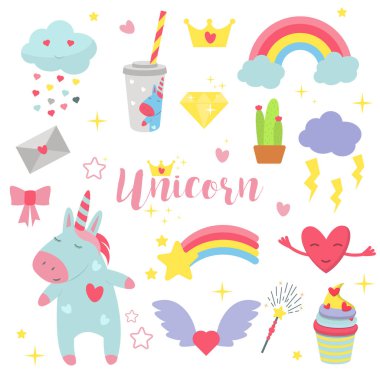 Şirin tek boynuzlu at bebek vektör çizim sihirli gökkuşağı fantezi peri tasarım güzel peri masalı sanat.