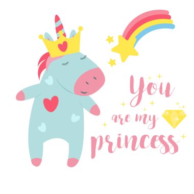 Şirin tek boynuzlu at bebek vektör çizim sihirli gökkuşağı fantezi peri tasarım güzel peri masalı sanat.