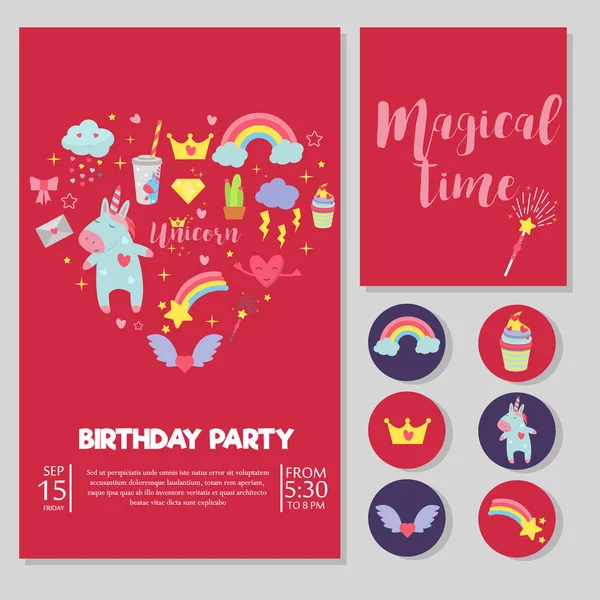 Cute unicorn baby birthday party card vector illustration magic rainbow fantasy fairy design beautiful fairytale art. — Stock Vector