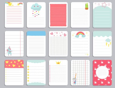 Çocuklar defter sayfa şablonu vektör kartları, notlar, çıkartmalar, etiket, Etiketler kağıt levha tek boynuzlu at resimli.