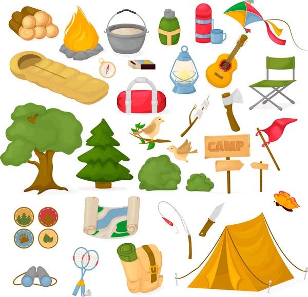 Camping kinderen zomer kamp park vectorillustratie leuke kindertijd kampvuur natuur buiten recreatie. — Stockvector