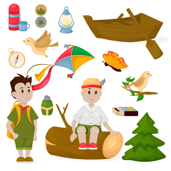 Camping children summer camp park vector illustration fun childhood campfire nature outdoor leisure. — Stock Vector