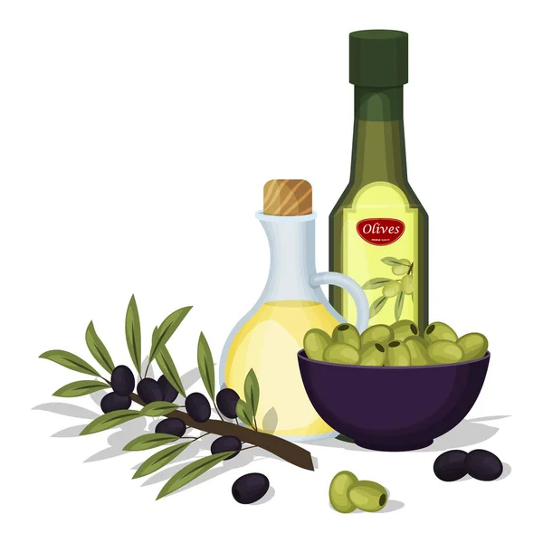 Aceite de oliva vector productos y decoraciones de aceitunas rama ingrediente saludable alimento natural fruta orgánica fresca ilustración . — Vector de stock