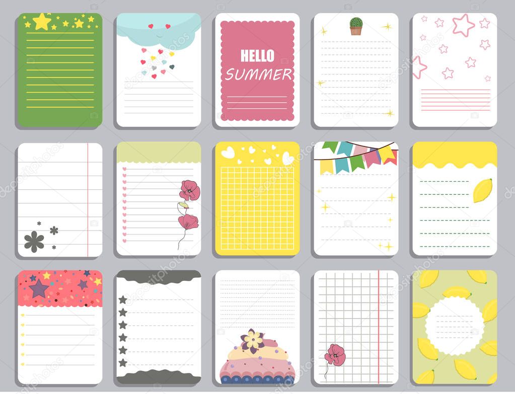 Kids notebook page template vector cards, notes, stickers, labels, tags paper sheet illustration.