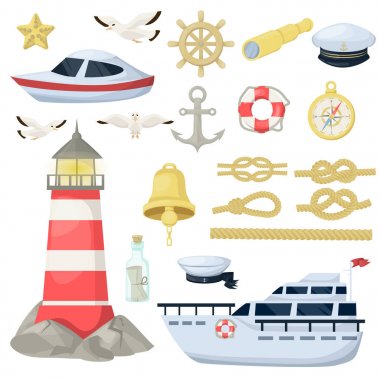 Deniz denizci tekneler, çapa, bebek duş için ayarla tekerlek deniz ve okyanus Tema tasarım öğeleri doğum günü, davetiyeler vektör çizim.