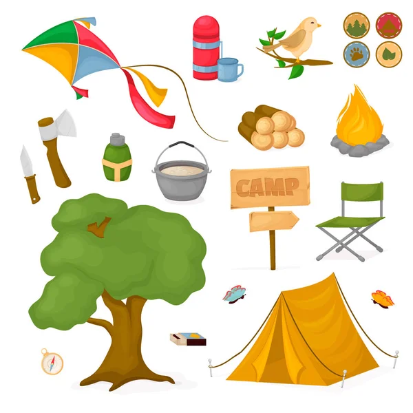 Camping niños verano campamento parque vector ilustración diversión infancia fogata naturaleza ocio al aire libre . — Vector de stock