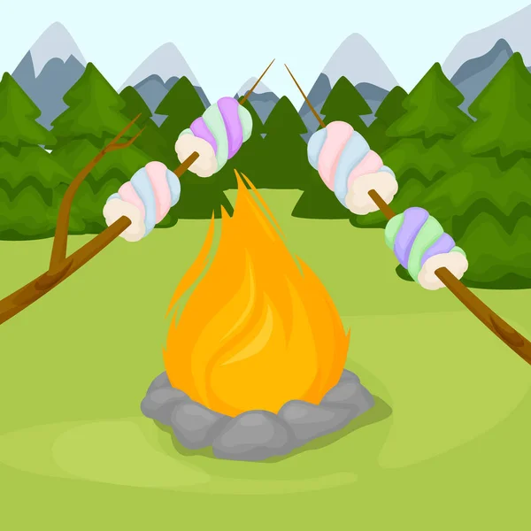 Falò con marshmallow - campeggio, bruciando legna fiamma fuoco sfondo vettoriale illustrazione . — Vettoriale Stock