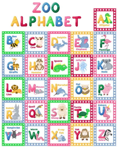 Zoo alfabeto animale lettere cartone animato carino personaggi isolato diverso educativo vettore inglese abs bambino lettera illustrazione . — Vettoriale Stock