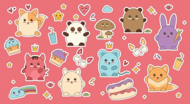 Kawaii hayvanları yüz vektörünü yamadılar. Karalama sanatıyla anime çıkartması.