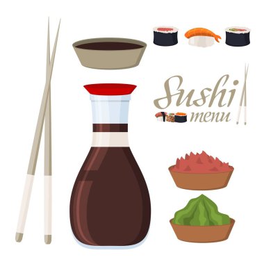 Suşi rulo menü kartı vektör çizimi.