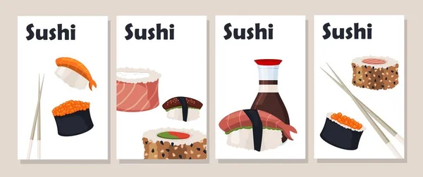 Sushi roll menú tarjetas vector ilustración . — Vector de stock