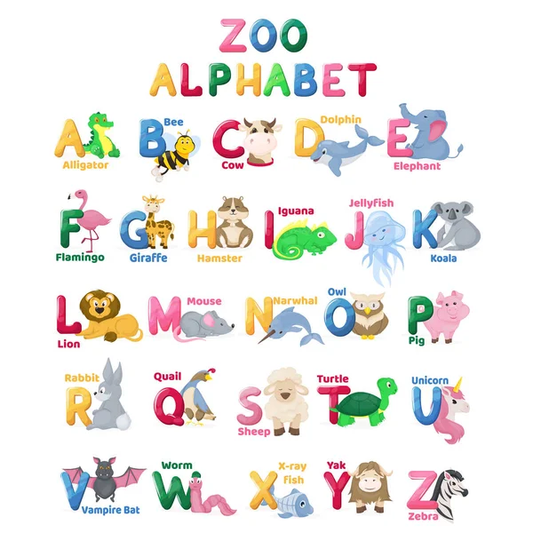 Letras animales del alfabeto del zoológico con caracteres lindos — Vector de stock