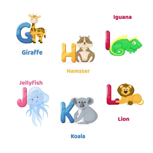 Ficha alfabética imprimible con letra G H I J K L. Animales del zoológico para la educación en inglés . — Vector de stock