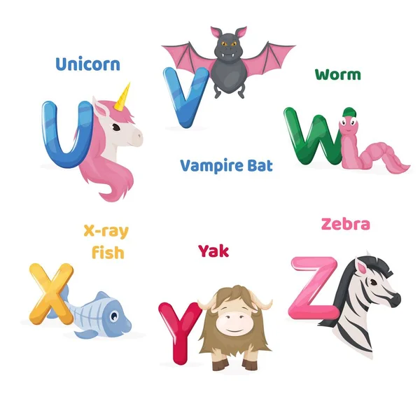 Fichas alfabéticas imprimibles con letra U V W X Y Z. Animales del zoológico para la educación en inglés . — Vector de stock