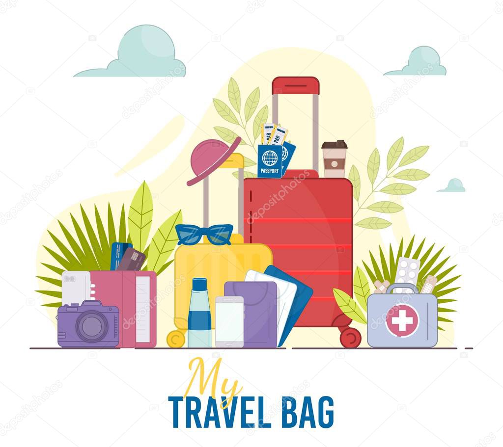 Travel bag with many items vector. Journey suitcase tourist vacation case. Travel luggage concept. Packing handbag trip instruction. First aid kit, cloth, palm, note pad, coffee, phone, water bottle