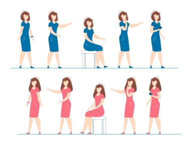 Woman in dresses clothes in different poses.