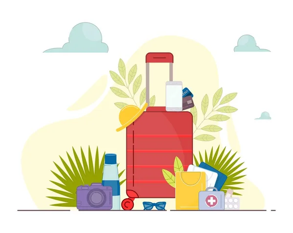 Travel bag with many items vector. Journey suitcase — Stock Vector