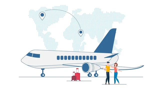飛行機のコンセプト。スーツケースを持ってる。飛行機に搭乗するカップル. — ストックベクタ