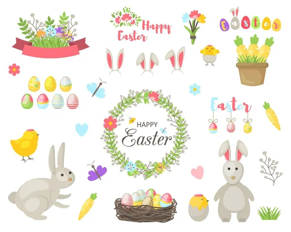 Feliz Pascua flores huevos y elementos de conejo — Vector de stock