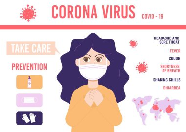 Corona virüsü 2019 semptomları ve önleme bilgileri. Dünya çapında 2019-NCOV vakaları. Vektör İllüstrasyonu. Tıbbi maskeli kadın, solunum semptomları, tehlikeli öksürük..