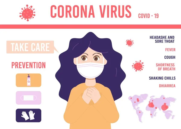 2019年科罗纳病毒症状及预防资讯图 2019 Ncov Cases World 病媒说明 戴口罩 呼吸系统症状 严重咳嗽的妇女 — 图库矢量图片