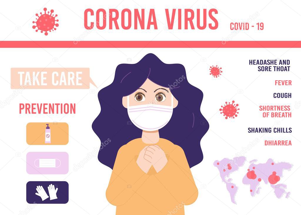 Corona virus 2019 symptoms and prevention infographic. 2019-nCOV cases around the world. Vector Illustration. Woman in medical mask, respiratory symptoms, dangerous cough.