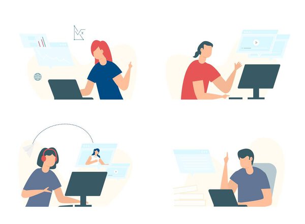 Distance education people study during quarantine Group of young people studying online with computers. Internet technology student learning. Co working home. Freelancer webinar vector illustraion.