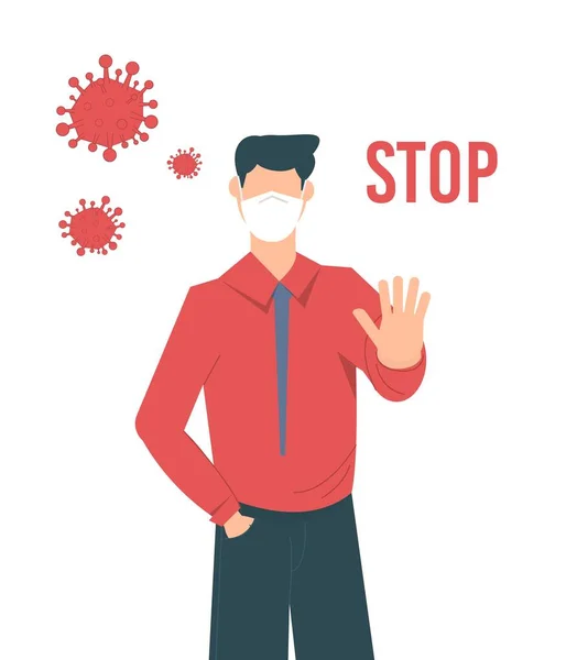 コロナウイルスを止めて コロナウイルス発生ベクターイラストラチン 顔のマスクをした男 ジェスチャーを示す少年停止します 流行病医学の概念 手で呼吸器や保護服の人間 — ストックベクタ