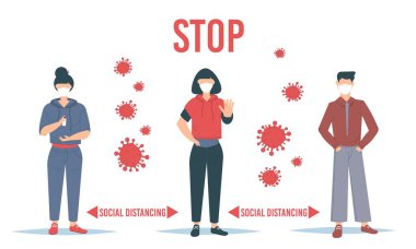 Sosyal Mesafe Karantinası. Etrafı virüslerle çevrili insanlar. Enfeksiyon riski ve hastalık için mesafeyi korumak. Coronavirus salgını vektör kavramı. Covid-19 virüsü havada. Evde kalıyorum..