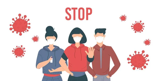 コロナウイルスを止めて Covid 19発生ベクターイラストラチン フェイスマスクをしている人 ジェスチャーを示す文字が停止します 流行病医学の概念 手で呼吸器や保護服の人間 — ストックベクタ