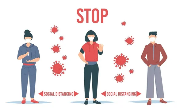 Sosyal Mesafe Karantinası. Etrafı virüslerle çevrili insanlar. Enfeksiyon riski ve hastalık için mesafeyi korumak. Coronavirus salgını vektör kavramı. Covid-19 virüsü havada. Evde kalıyorum..