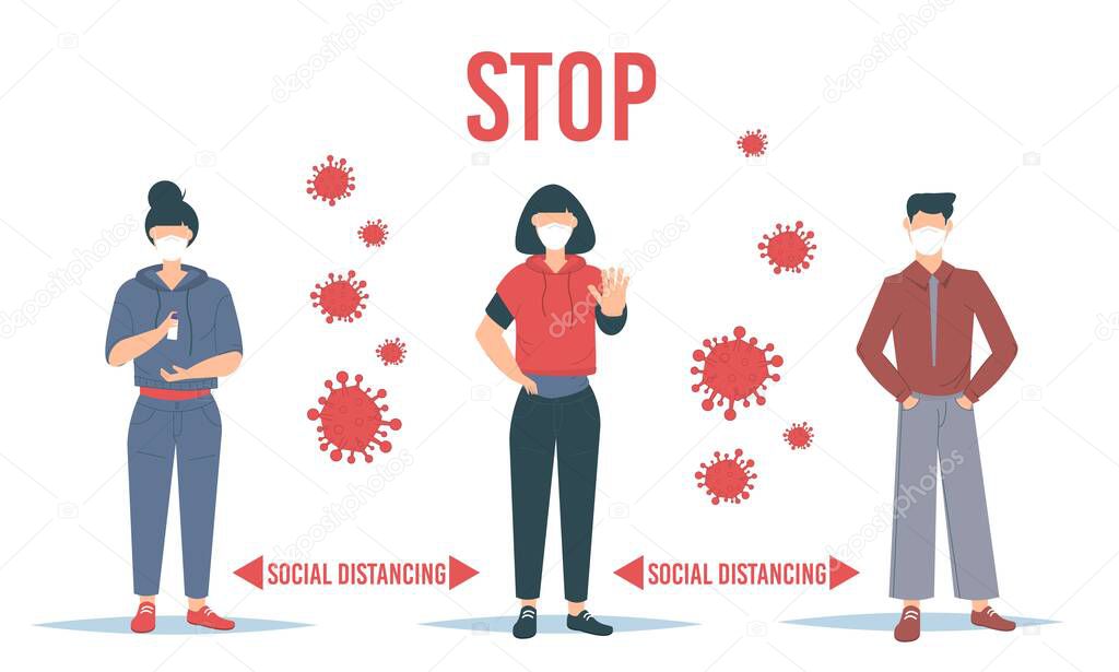 Social Distancing Quarantine, people surrounded by viruses. Social Distancing keeping distance for infection risk and disease. Coronavirus outbreak vector concept. Covid-19 virus in air. Staying home.