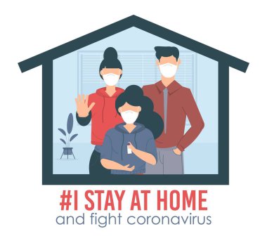 Sosyal medya kampanyası ve koronavirüs önleme programında kalıyorum: Aile evde bir arada kalıyor. Vektör karakterler covid-19 'la savaşır, kapalı alanda izolasyon. Kişisel karantina tipografi kavramı.