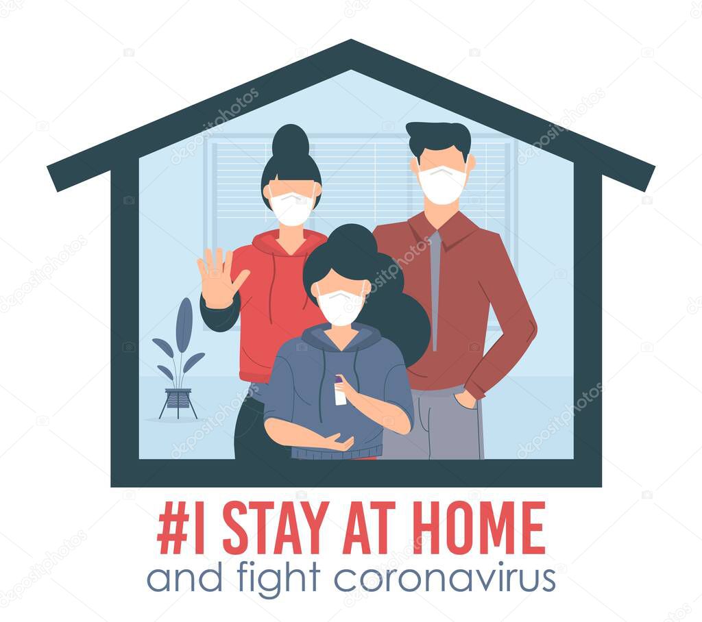 I stay at home awareness social media campaign and coronavirus prevention: family staying together at house. Vector characters fight covid-19, isolation indoors. Self quarantine typography concept.