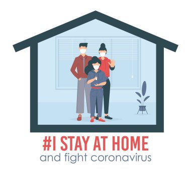 Sosyal medya kampanyası ve Coronavirus önleme ailesinin evde bir arada kalmasını sağlıyorum. Vektör karakterler covid-19 'la savaşır, kapalı alanda izolasyon. Kişisel karantina tipografi kavramı.